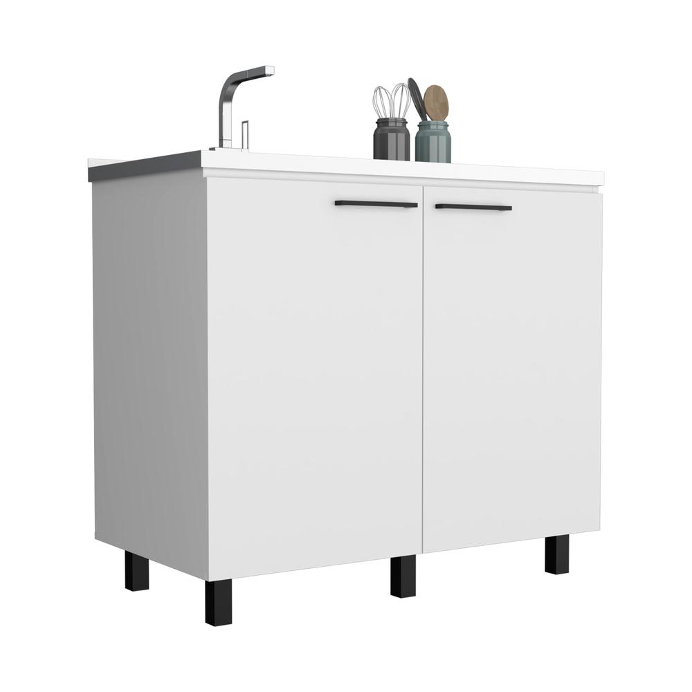 DEPOT E-SHOP Salento 2 Freestanding Utility Base Cabinet with Stainless Steel Countertop and 2-Door, White. Picture 3