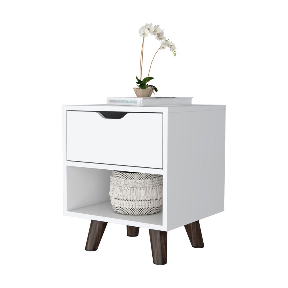 Nightstand with Spacious Drawer, Open Storage Shelf and Chic Wooden Legs, White. Picture 3