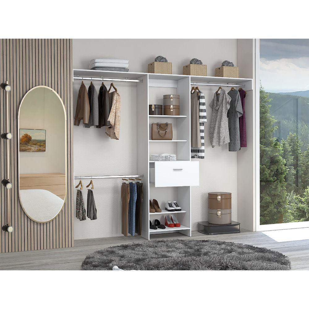 DEPOT E-SHOP Brisk Closet System, One Drawer, Three Metal Rods, Five Open Shelves-White, For Bedroom. Picture 1