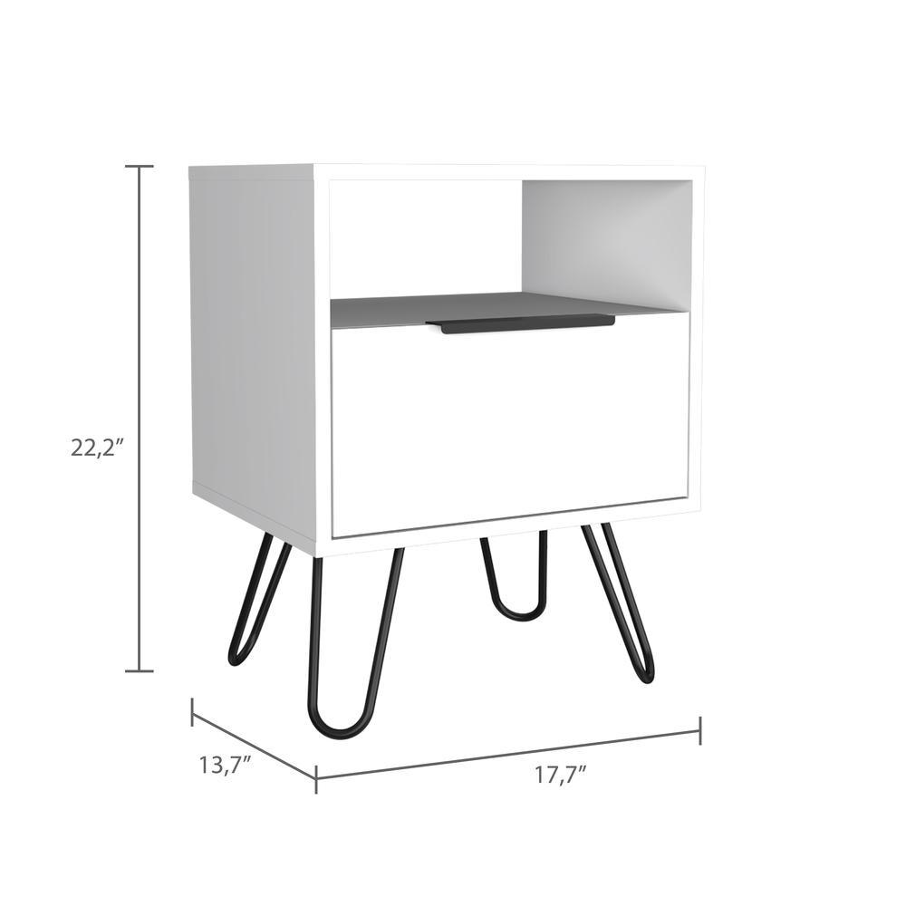 DEPOT E-SHOP Begonia Night Stand-Two Shelves, One-Door Drawer, Four Steel Legs-White, For Bedroom. Picture 4