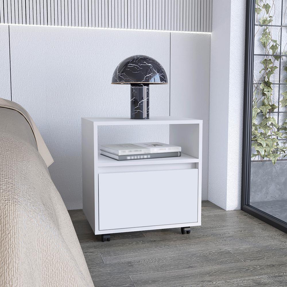 DEPOT E-SHOP Wasilla Nightstand with Open Shelf, 1 Drawer and Casters, White. Picture 5