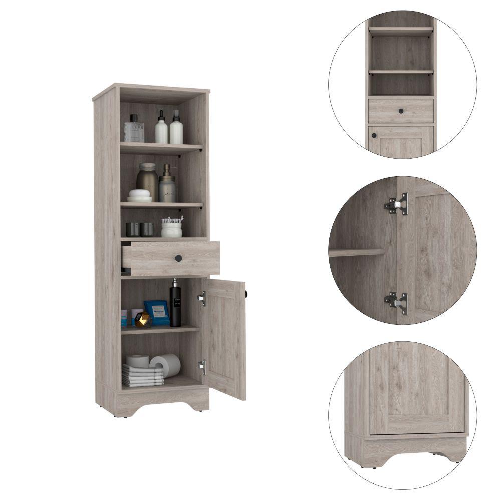 DEPOT E-SHOP Norwalk Linen Cabinet, Three External Shelves, One-Door Cabinet, One Drawer, Two Internal Shelves-Light Grey, For Bathroom. Picture 4