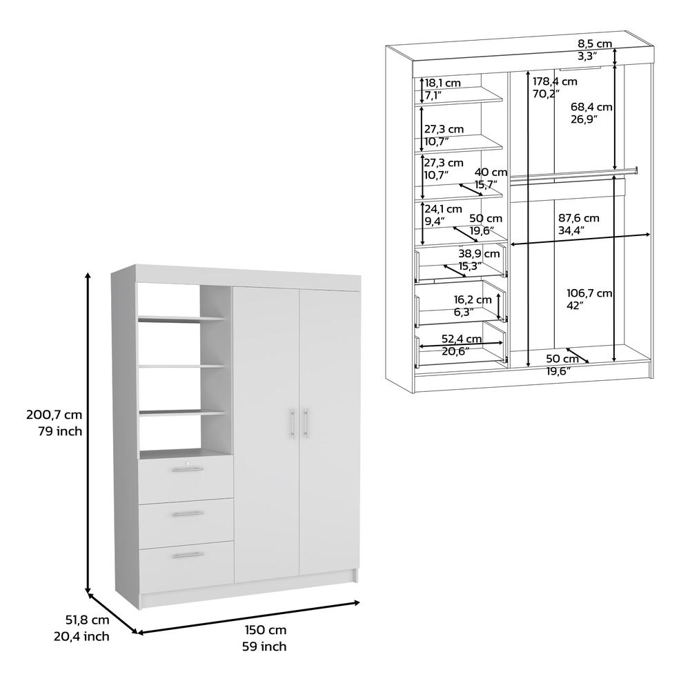 DEPOT E-SHOP Laurel 3-Tier Shelf and Drawers Armoire with Metal Handles, White. Picture 4