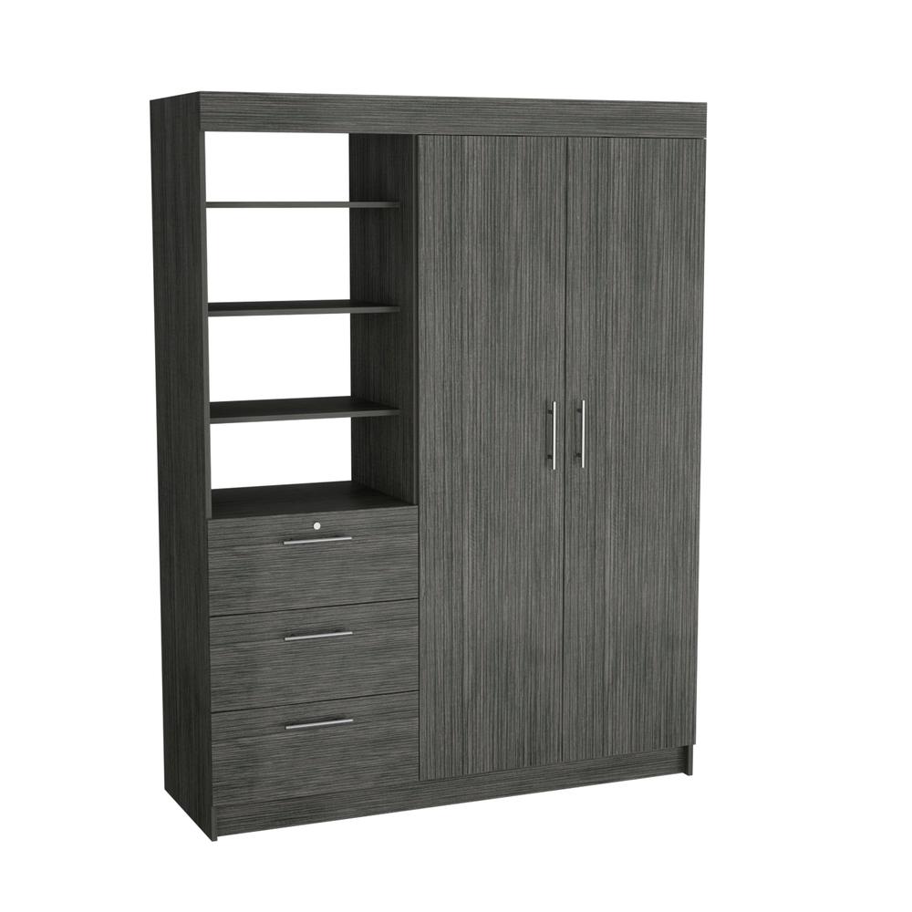 Laurel 3-Tier Shelf and Drawers Armoire with Metal Handles, Smokey Oak -Bedroom. Picture 1
