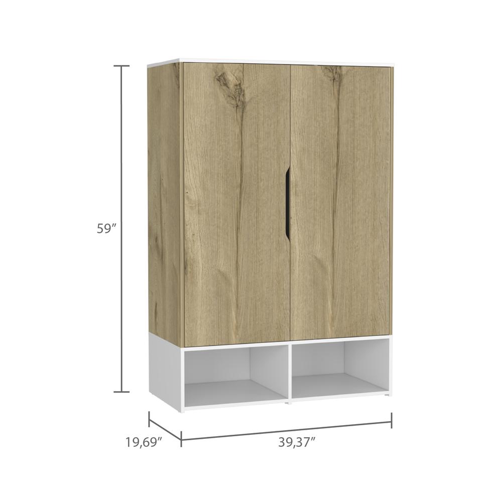 DEPOT E-SHOP Bamboo Armoire-Two Doors, Five Shelves, Hanging Rod, Two Open Shelves-Light Oak/White, For Bedroom. Picture 4