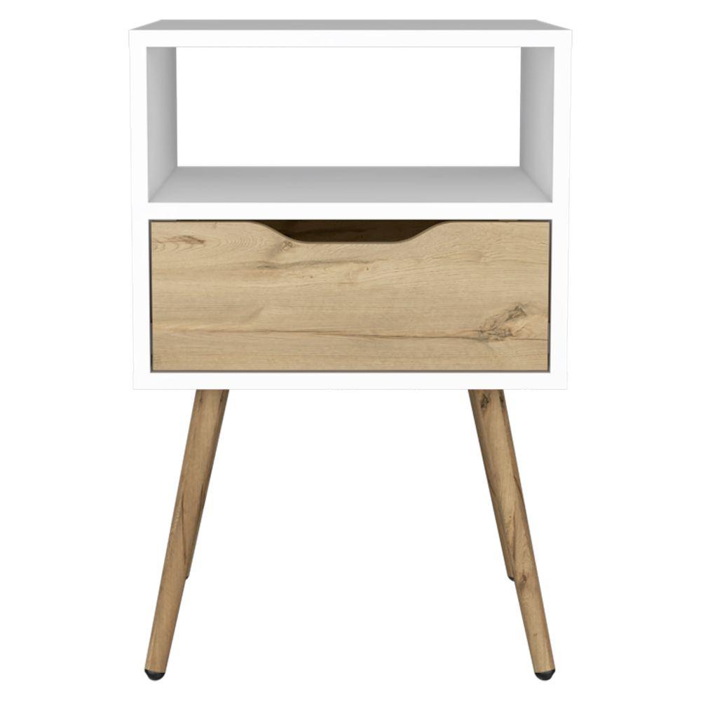 DEPOT E-SHOP Emma Nightstand, Countertop, Four Legs, One Open Shelf, One Drawer-White-Light Oak, For Bedroom. Picture 2