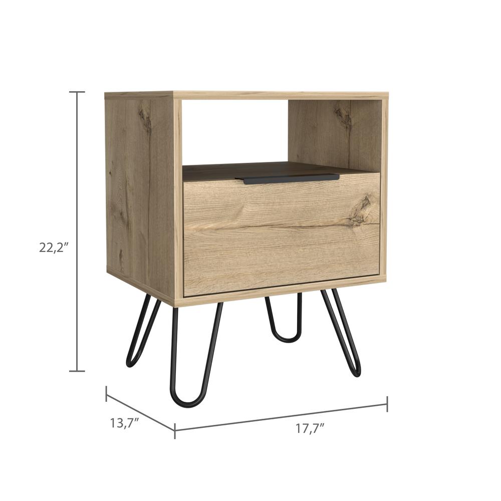 DEPOT E-SHOP Begonia Night Stand-Two Shelves, One-Door Drawer, Four Steel Legs-Light Oak, For Bedroom. Picture 4