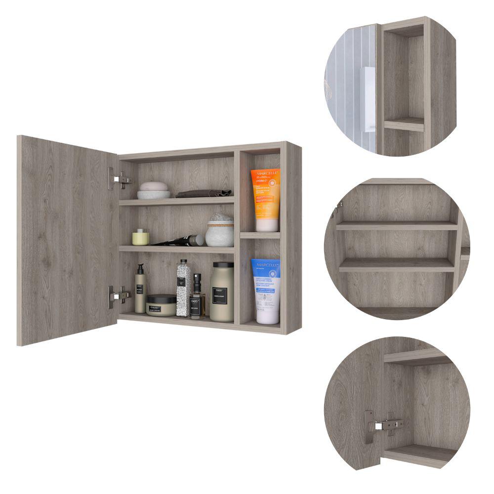 DEPOT E-SHOP Kazan Medicine Cabinet, Mirror, One-Door Cabinet, Two External Shelves, Three Internal Shelves-Light Grey, For Living Room. Picture 4