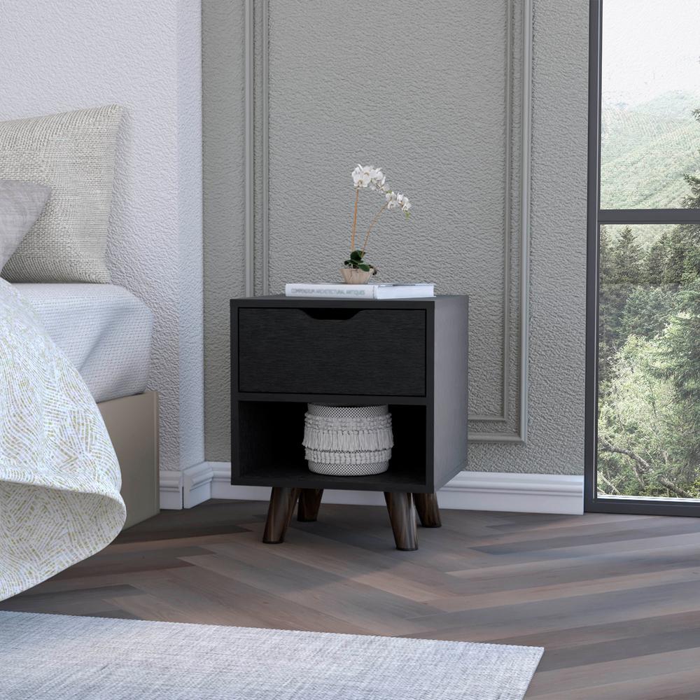 Nightstand with Spacious Drawer, Open Storage Shelf and Chic Wooden Legs, Black. Picture 6