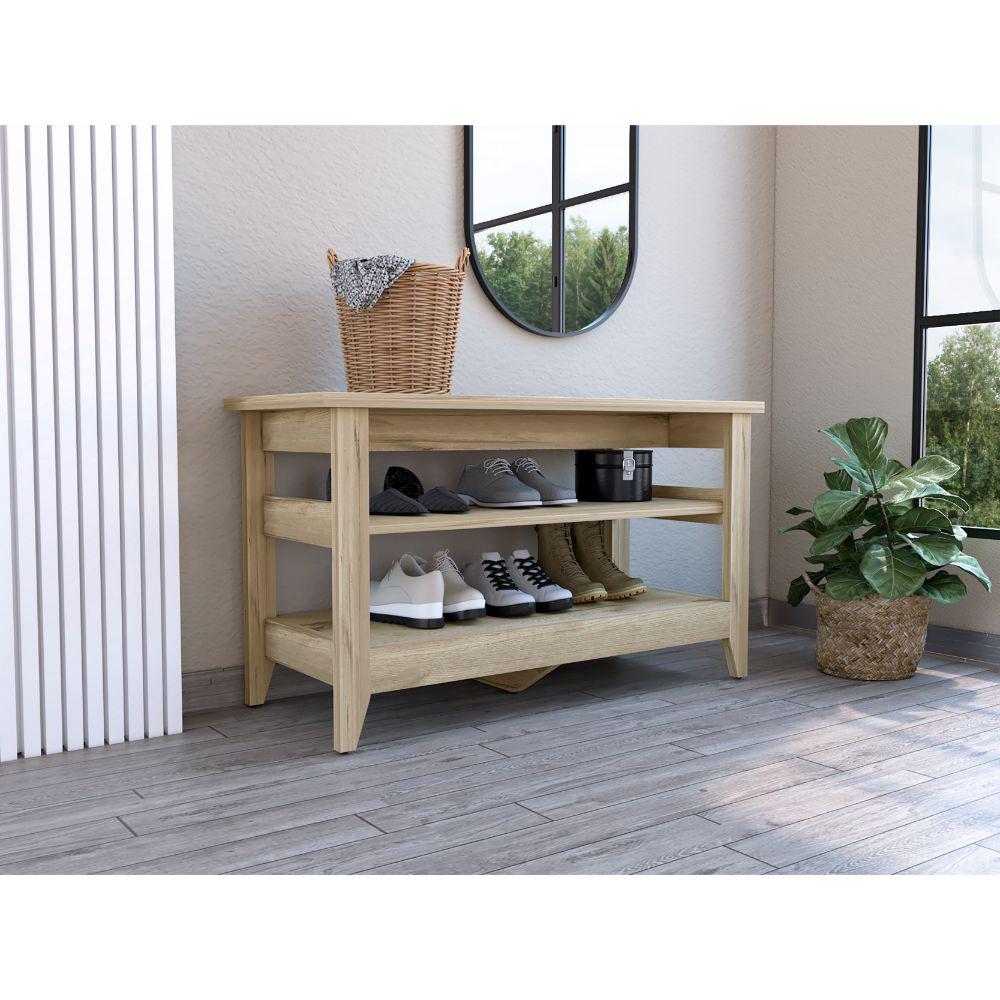 DEPOT E-SHOP Mason Storage Bench, Two Open Shelves, Four Legs, Countertop-Light Oak, For Living Room. Picture 4