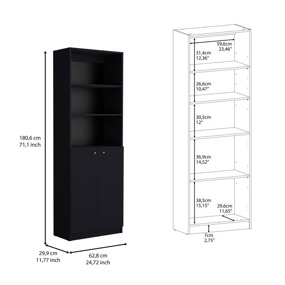 Vinton 2-Door Bookcase with Upper Shelves, Black. Picture 5
