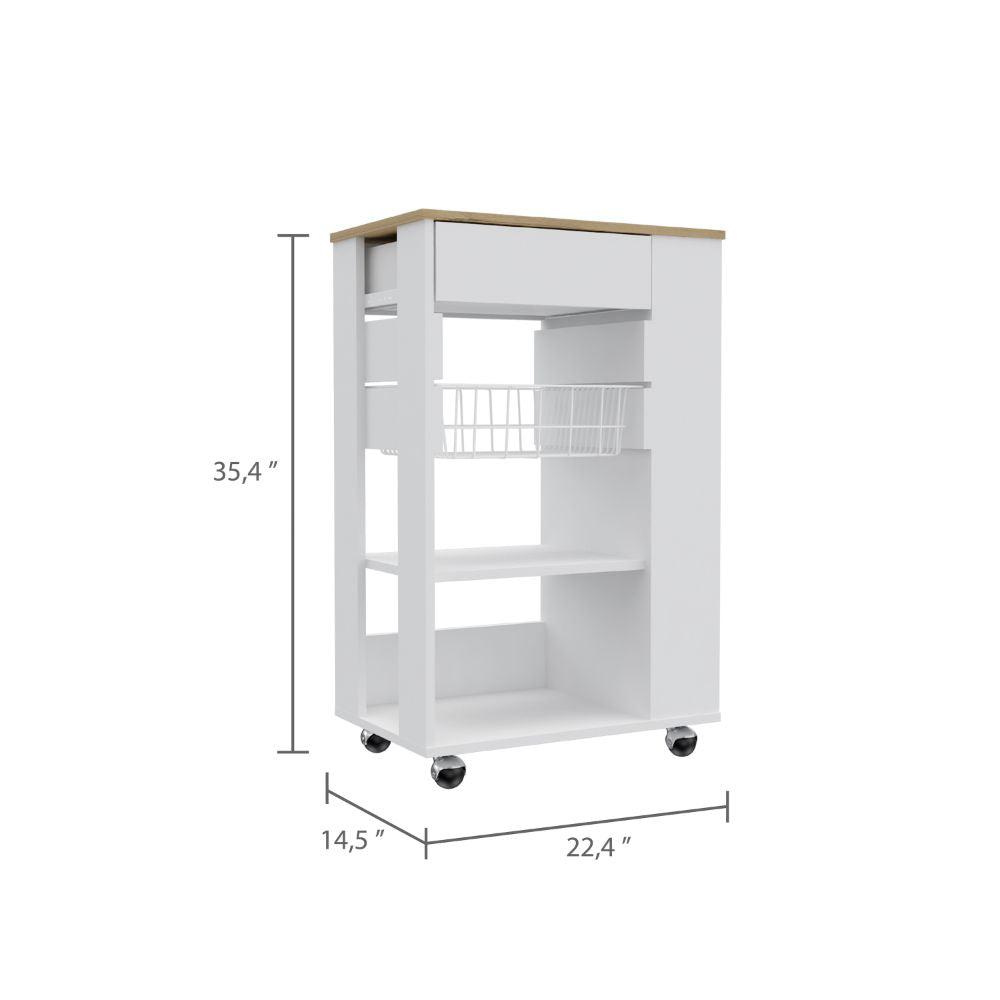 DEPOT E-SHOP Rosemont Kitchen Cart, Two Open Shelves, Rack, Four Caster Wheels, One Drawer-White-Light Oak, For Kitchen. Picture 4