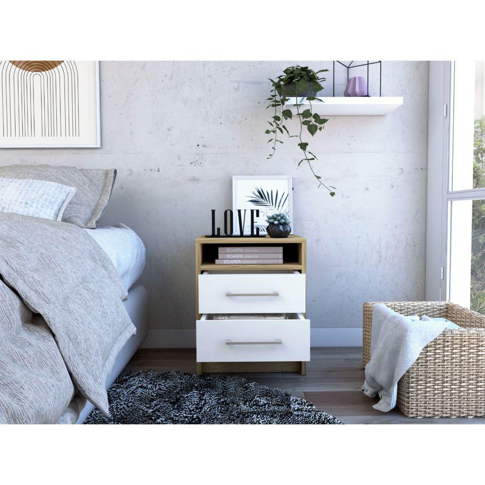 DEPOT E-SHOP Leyva Nightstand, Two Drawers, Countertop White/Light Oak, For Bedroom. Picture 5