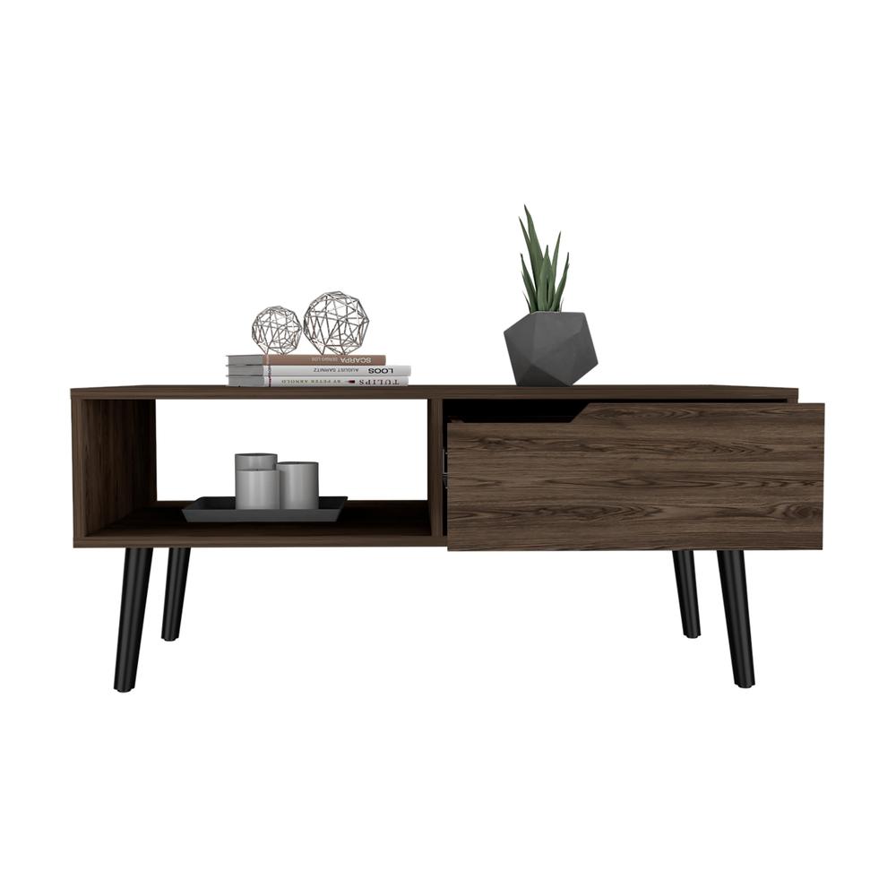 DEPOT E-SHOP Kobe Coffee Table, Countertop, One Open Shelf, One Drawer, Four Legs- Dark Walnut, For Living Room. Picture 2