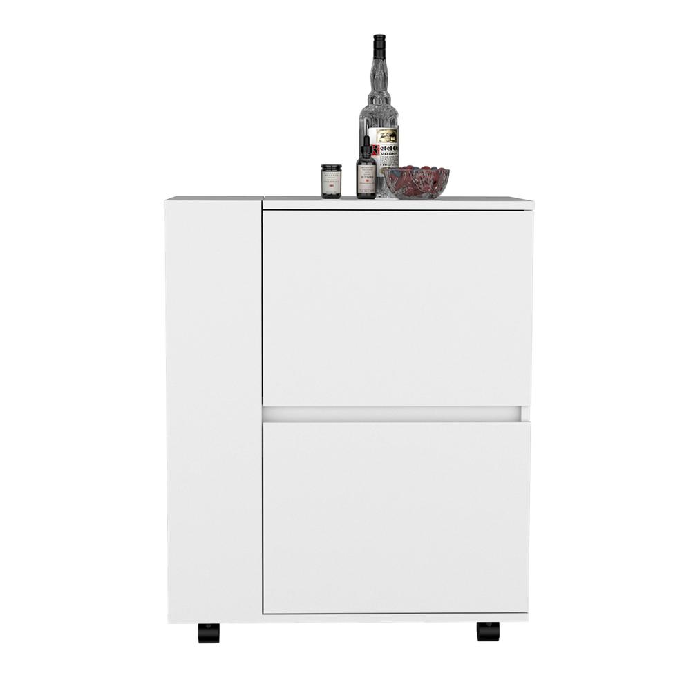 Tully Bar Cart Two Pull-Down Door Cabinets and Two Open Shelves,White. Picture 3