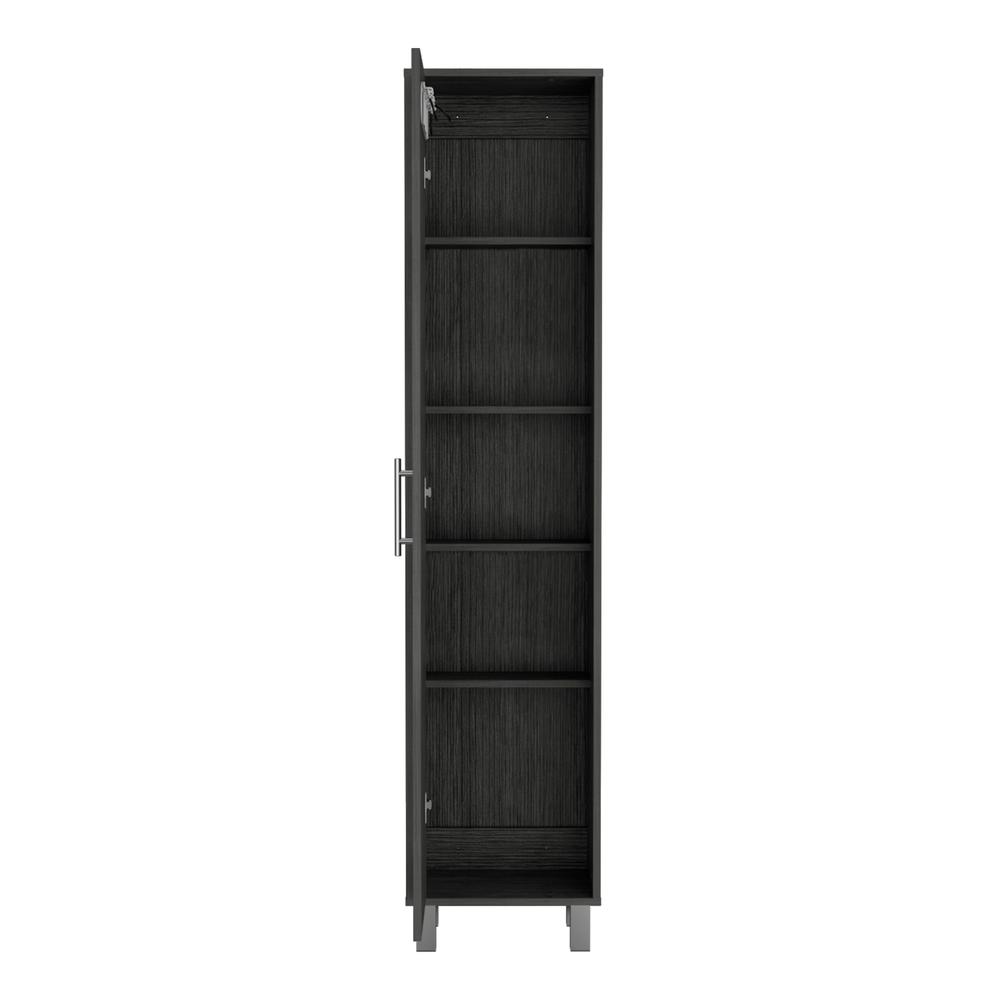 Narrow Storage Cabinet with 5-Tier Shelf and Broom Hangers, Smokey Oak -Garage. Picture 2