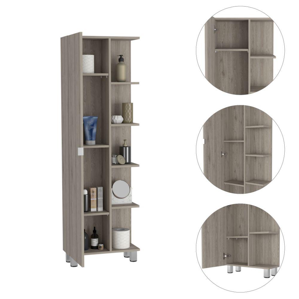 DEPOT E-SHOP Venus Linen Cabinet, Five External Shelves, Four Legs, One Door, Four Internal Shelves, Light Grey, For Bathroom. Picture 4