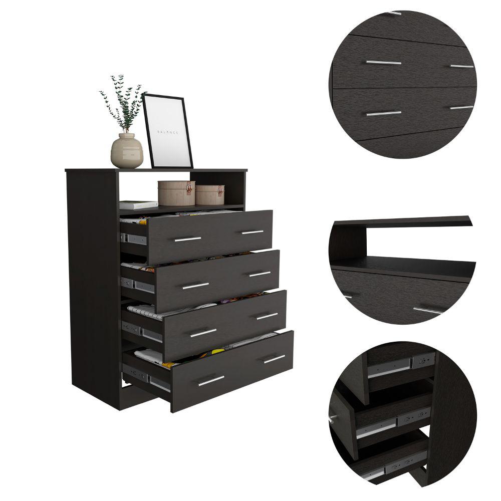 DEPOT E-SHOP Serbian Four Drawer Dresser, Countertop, One Open Shelf, Four Drawers-Black, For Bedroom. Picture 3