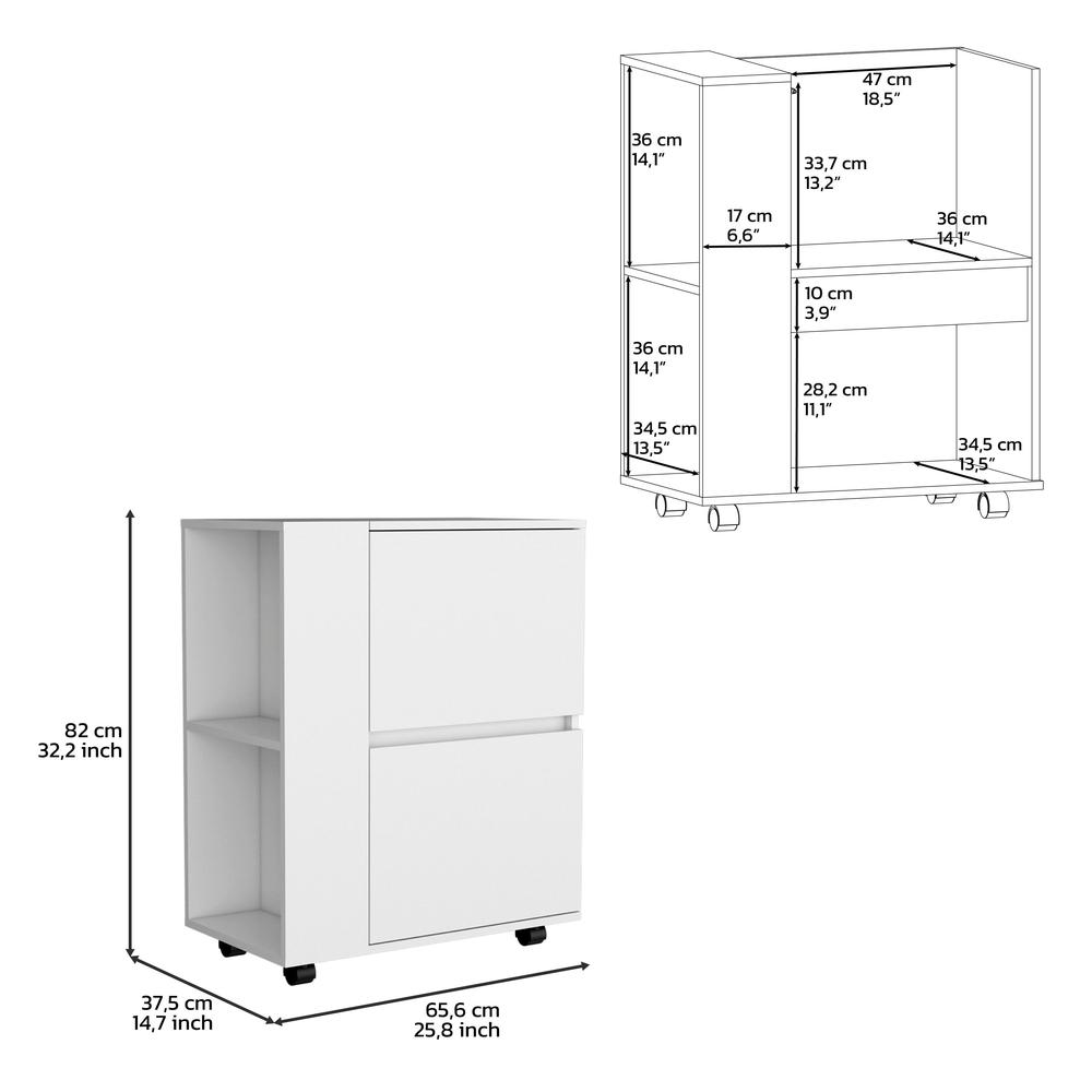 Tully Bar Cart Two Pull-Down Door Cabinets and Two Open Shelves,White. Picture 5