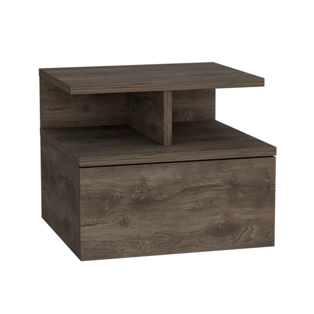 Nightstand, Wall Mounted with Single Drawer and 2-Tier Shelf, Dark Walnut. Picture 1