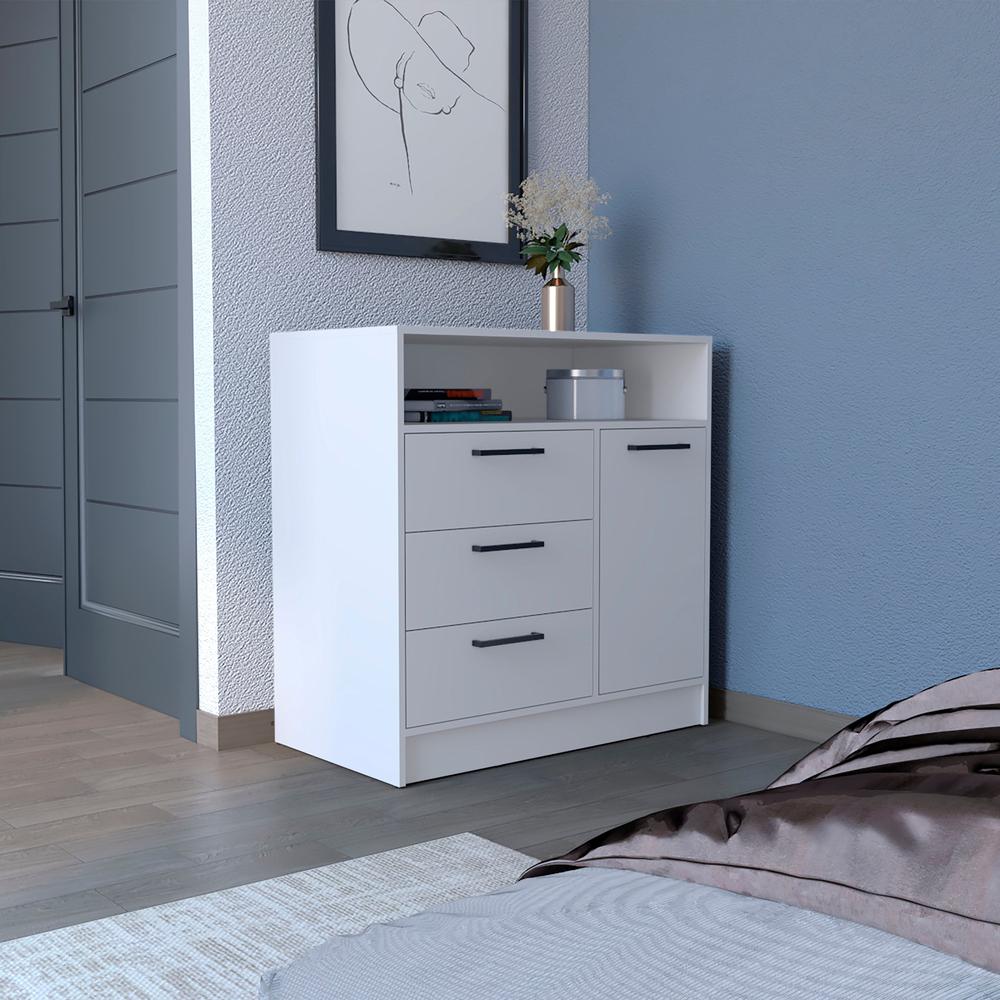 Dresser with Spacious 3-Drawer and Single-Door Storage Cabinet, White. Picture 5