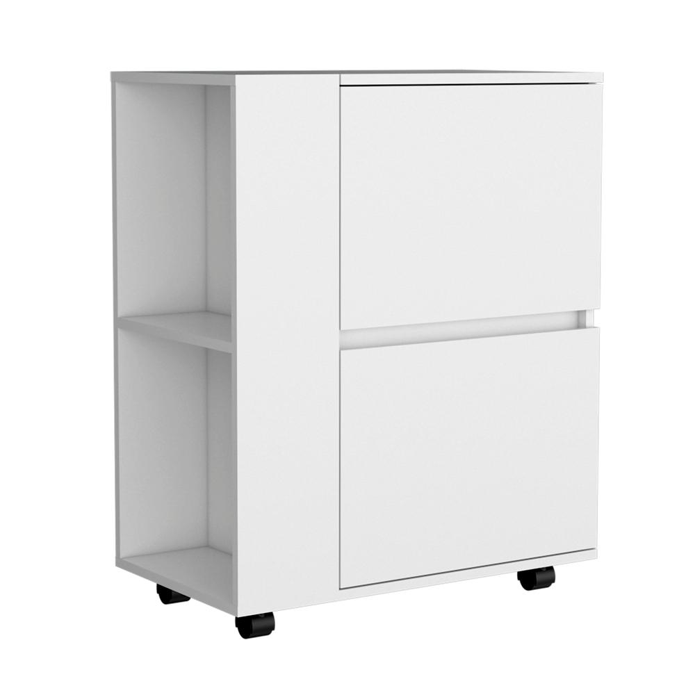 Tully Bar Cart Two Pull-Down Door Cabinets and Two Open Shelves,White. Picture 1