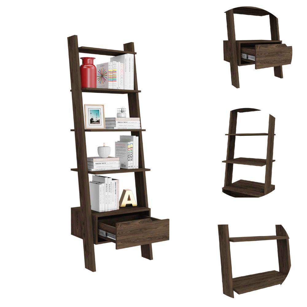 DEPOT E-SHOP Kobe Ladder Bookcase, One Drawer, Five Open Shelves, Four Legs- Dark Walnut, For Living Room. Picture 4