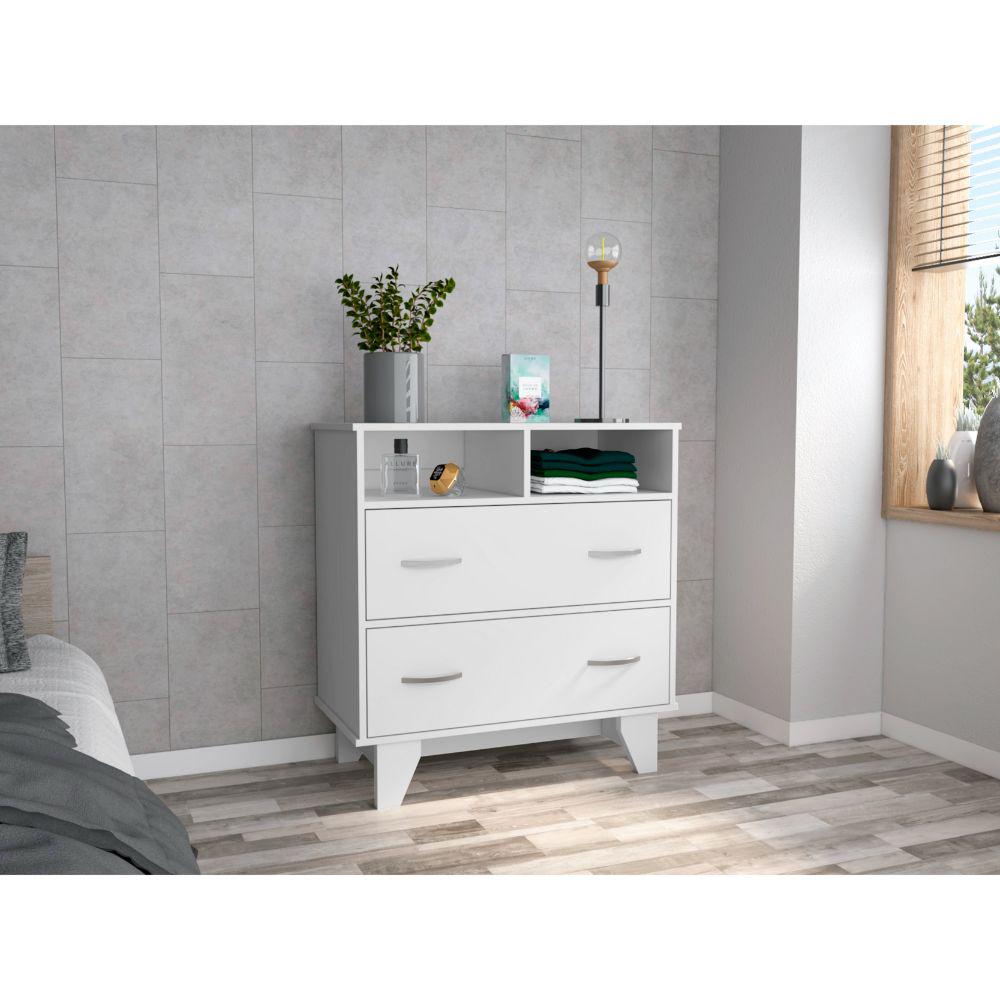 DEPOT E-SHOP Stamford Two Drawer Dresser, Four Legs, Two Open Shelves, Countertop-White, For Living Room. Picture 1