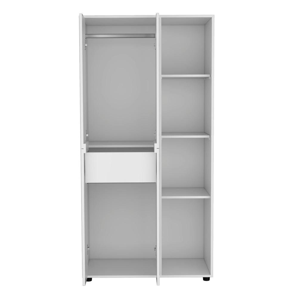 Armoire with 2-door Storage with Metal Rods, Drawer, 3 Open Shelves, White. Picture 1