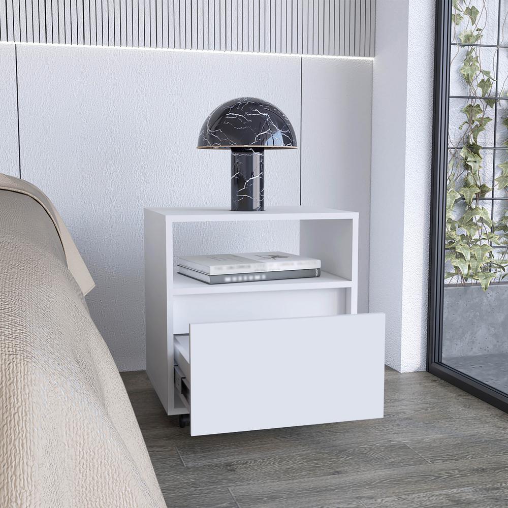 DEPOT E-SHOP Wasilla Nightstand with Open Shelf, 1 Drawer and Casters, White. Picture 4