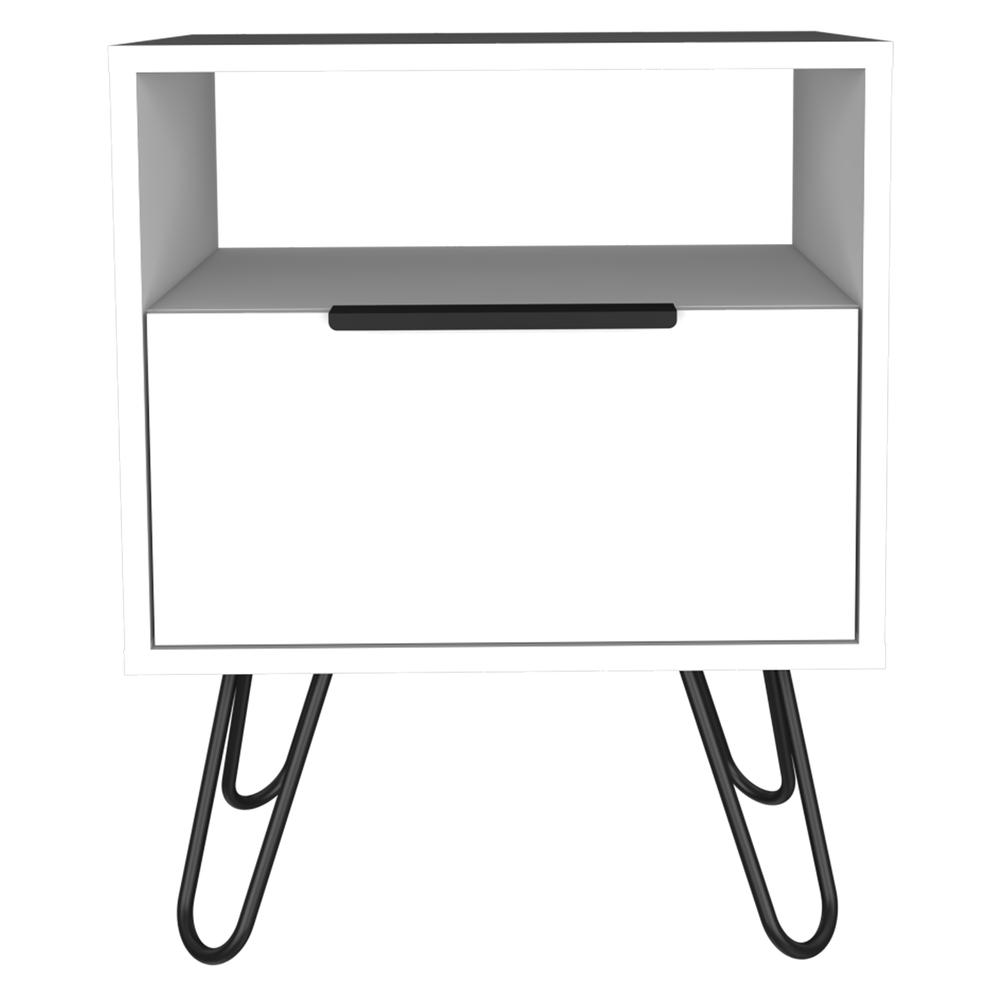 DEPOT E-SHOP Begonia Night Stand-Two Shelves, One-Door Drawer, Four Steel Legs-White, For Bedroom. Picture 2