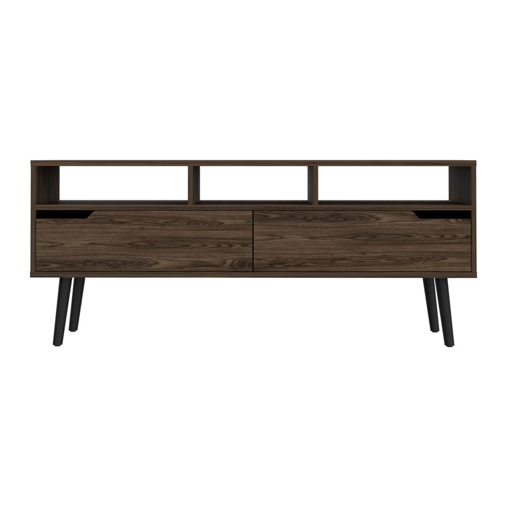 DEPOT E-SHOP Kobe Tv Stand, Countertop, Three Open Shelves, Two Flexible Drawers, Four Legs- Dark Walnut, For Living Room. Picture 2