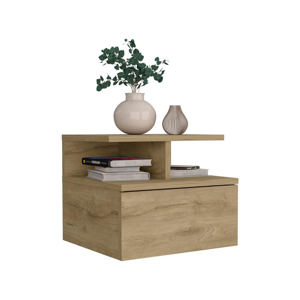 Nightstand, Wall Mounted with Single Drawer and 2-Tier Shelf, Macadamia. Picture 3