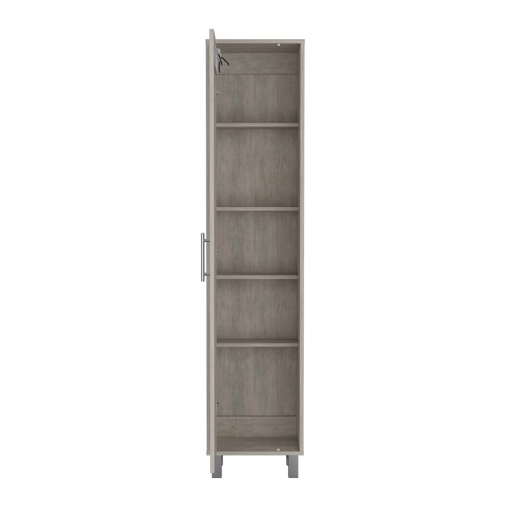 Tall Narrow Storage Cabinet with 5-Tier Shelf and Broom Hangers, Concrete Gray. Picture 2