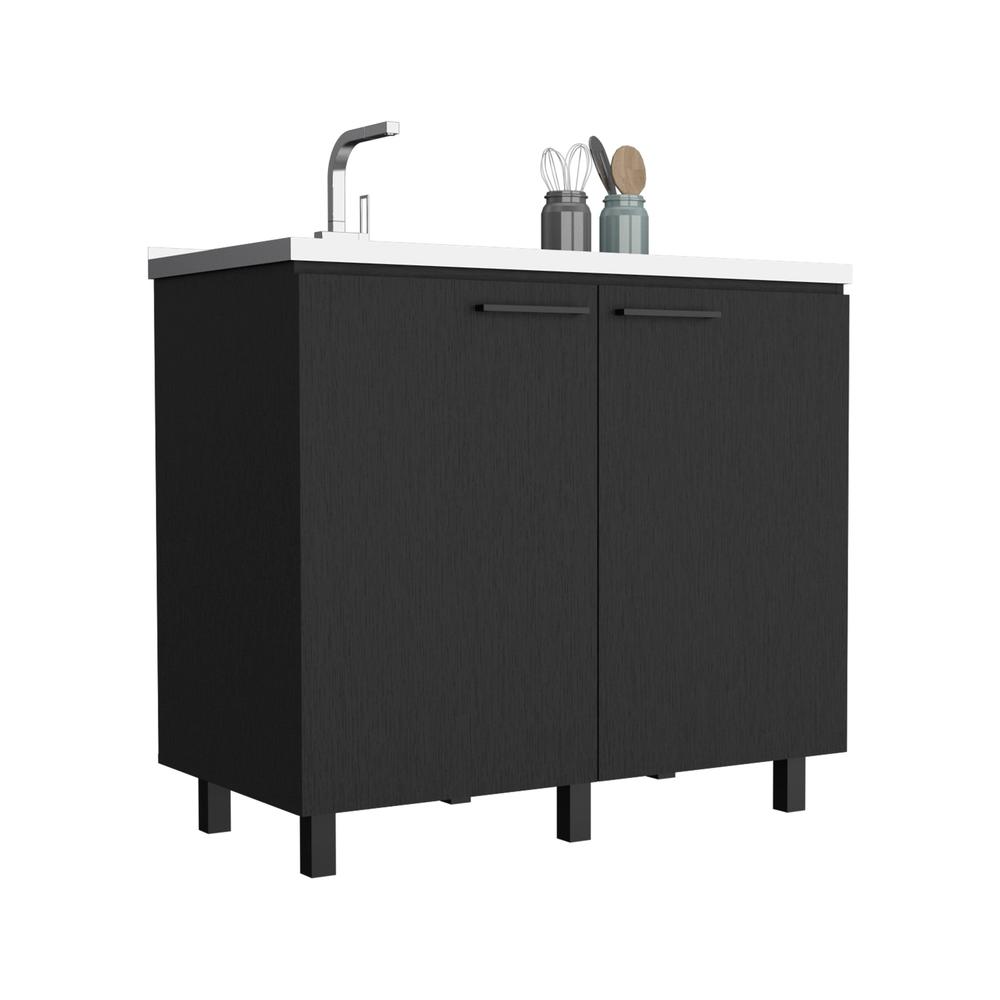 DEPOT E-SHOP Salento 2 Freestanding Utility Base Cabinet with Stainless Steel Countertop and 2-Door, Black. Picture 6