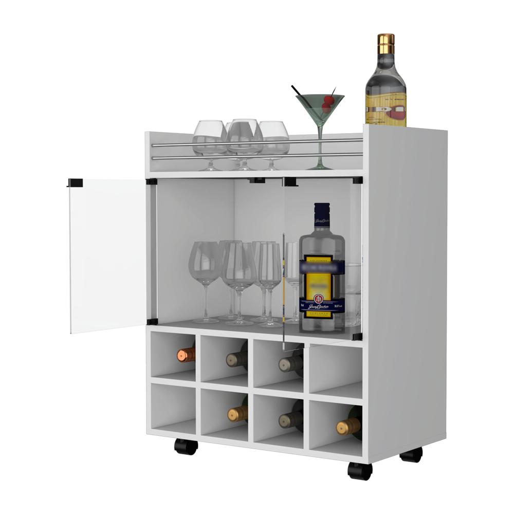 Bar Cart with 8-Bottle Holder, Glass-Paneled Cabinet and Aluminum-Touched Top. Picture 4
