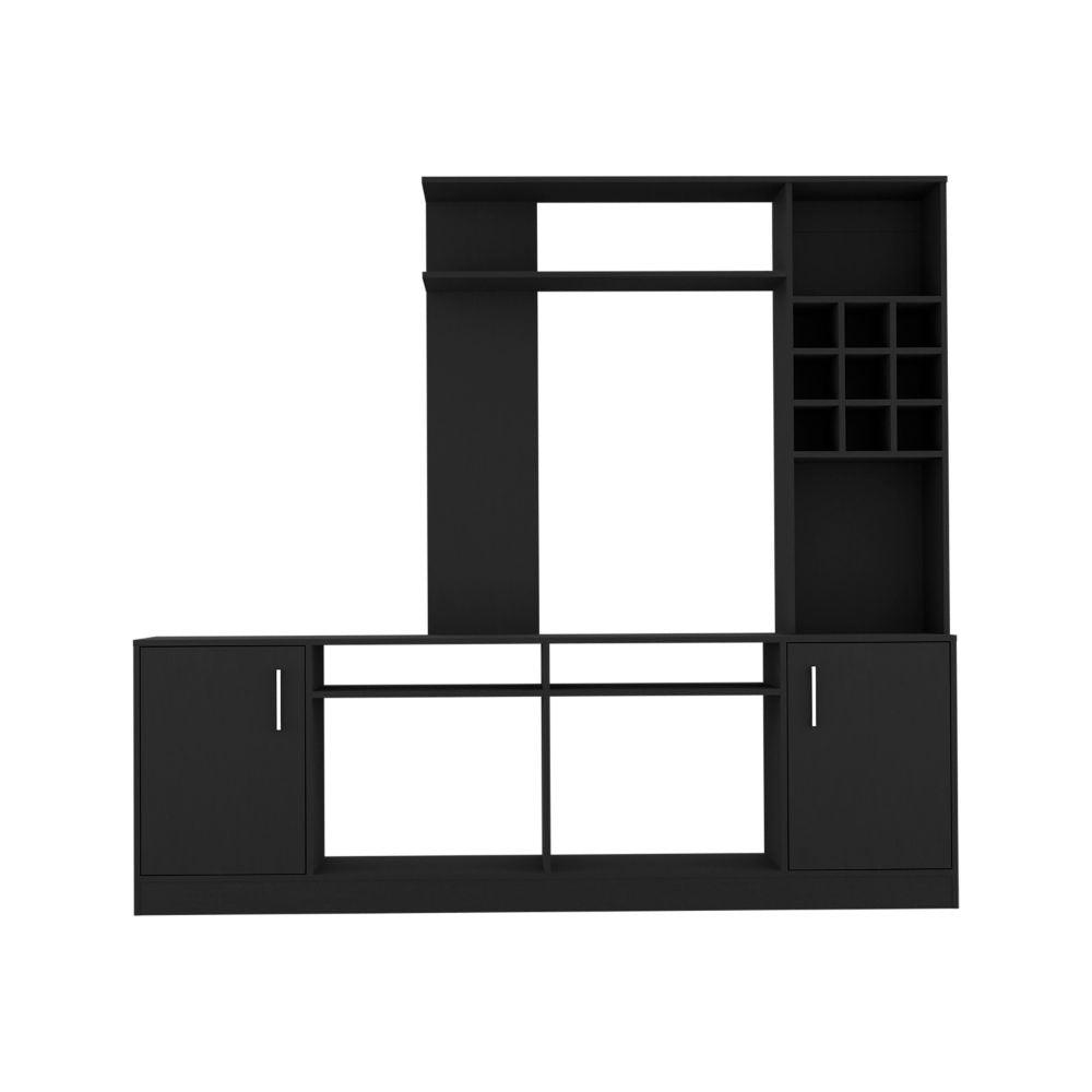 DEPOT E-SHOP King Entertainment Center, Two-Door Cabinet, Storage Spaces, Six External Shelves-Black, For Living Room. Picture 2