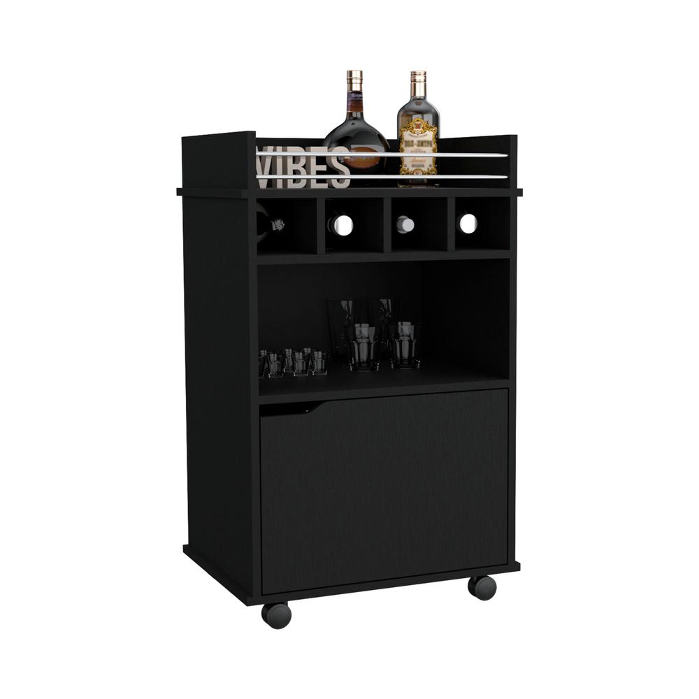 Sims 35" H Bar Cart with Two Shelves four Wine Cubbies and One Cabinet,Black. Picture 4
