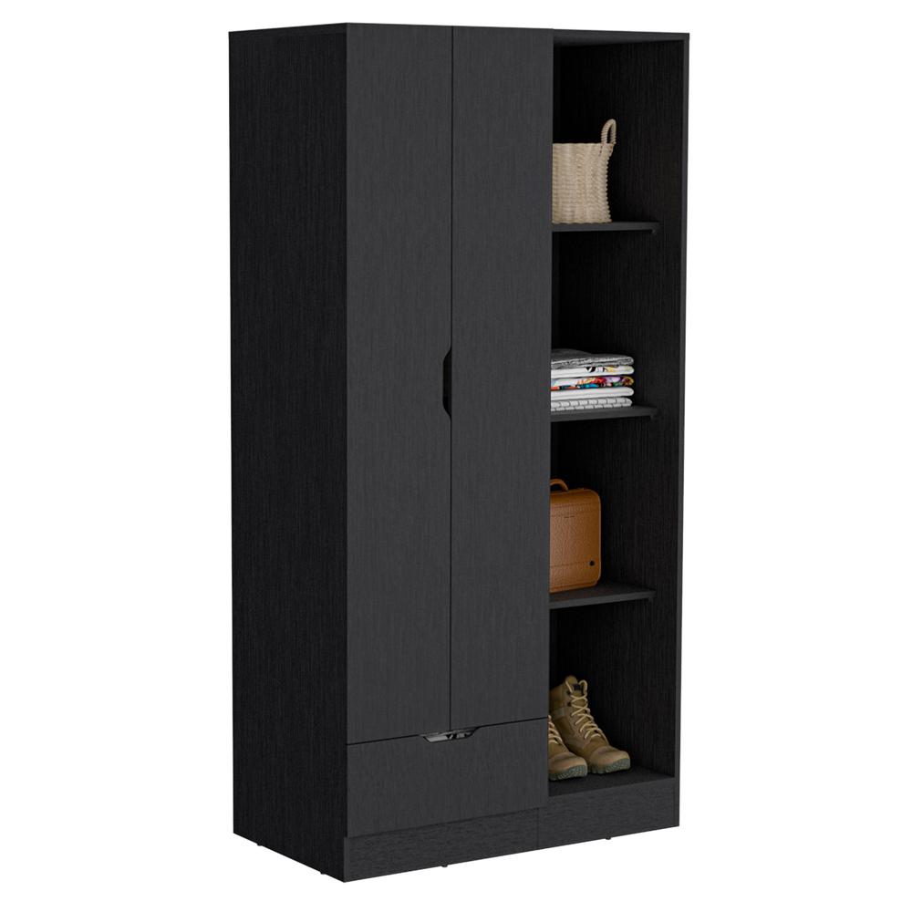 Toccoa Armoire with 1-Drawer and 4-Tier Open Shelves, Black. Picture 3