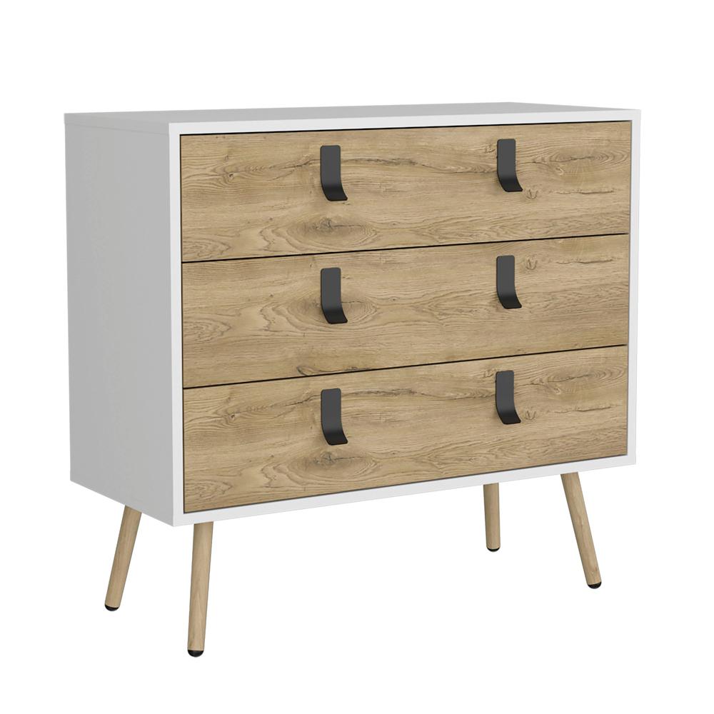 Toka 3 Drawers Dresser with Handles and Wooden Legs, White / Macadamia -Bedroom. Picture 1