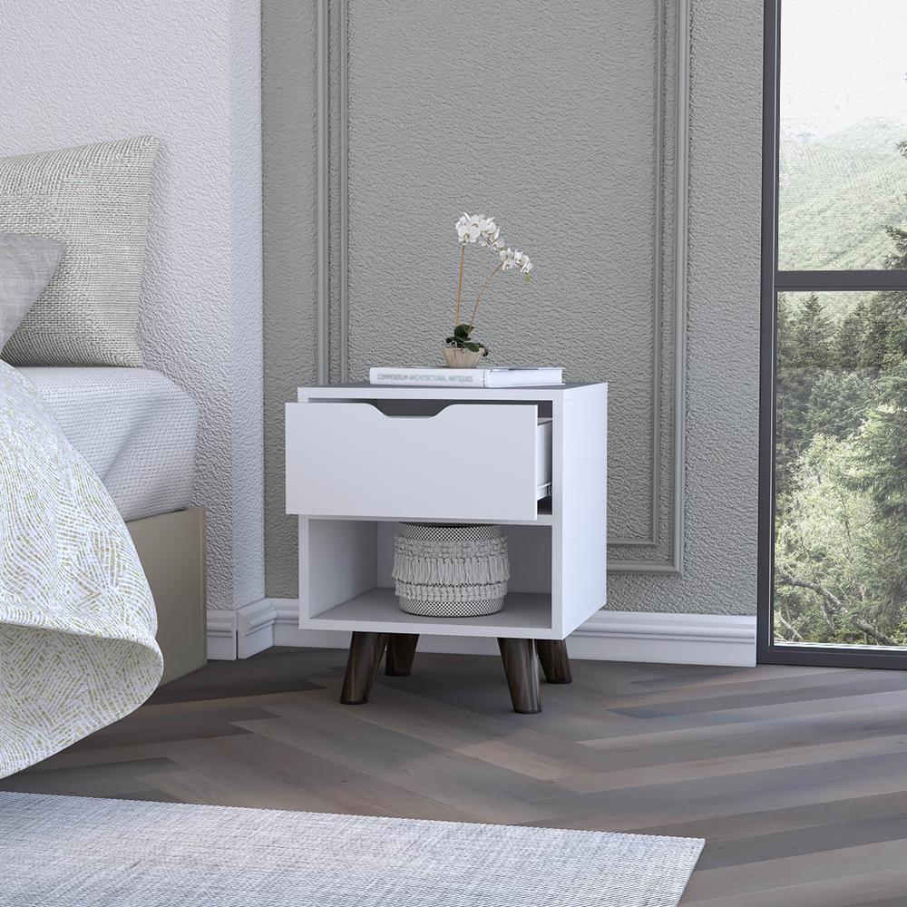 Nightstand with Spacious Drawer, Open Storage Shelf and Chic Wooden Legs, White. Picture 7