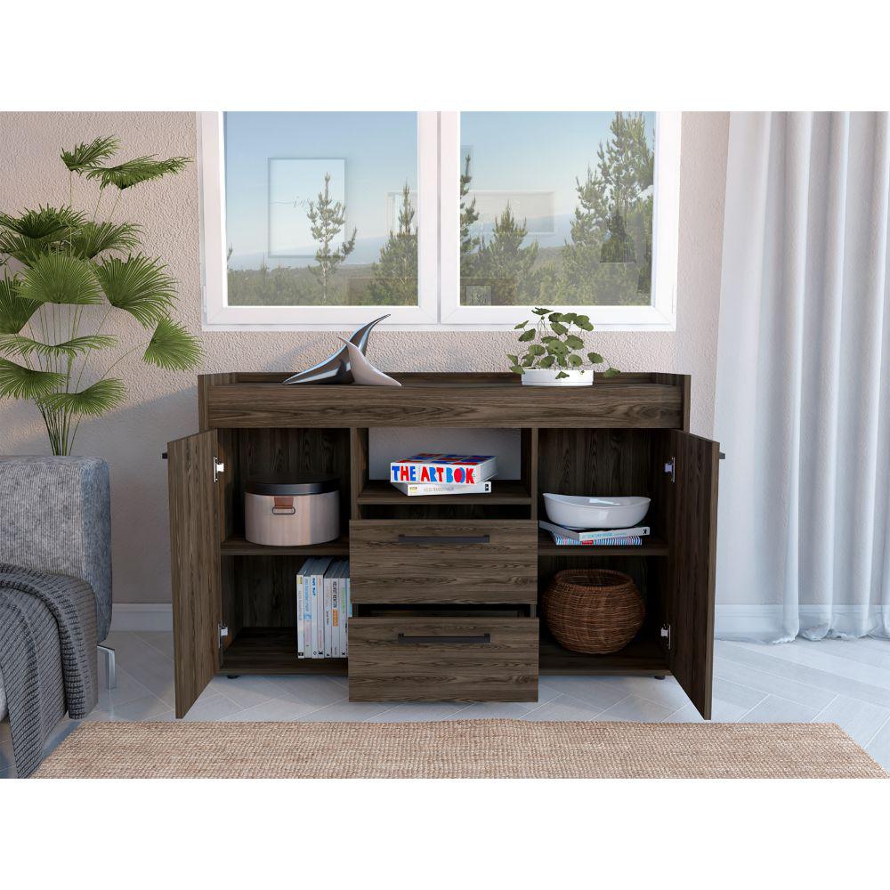 DEPOT E-SHOP Hart Sideboard. Two-Door Cabinet, One Open Shelf, Two Drawers, Countertop-Dark Walnut, For Living Room. Picture 5