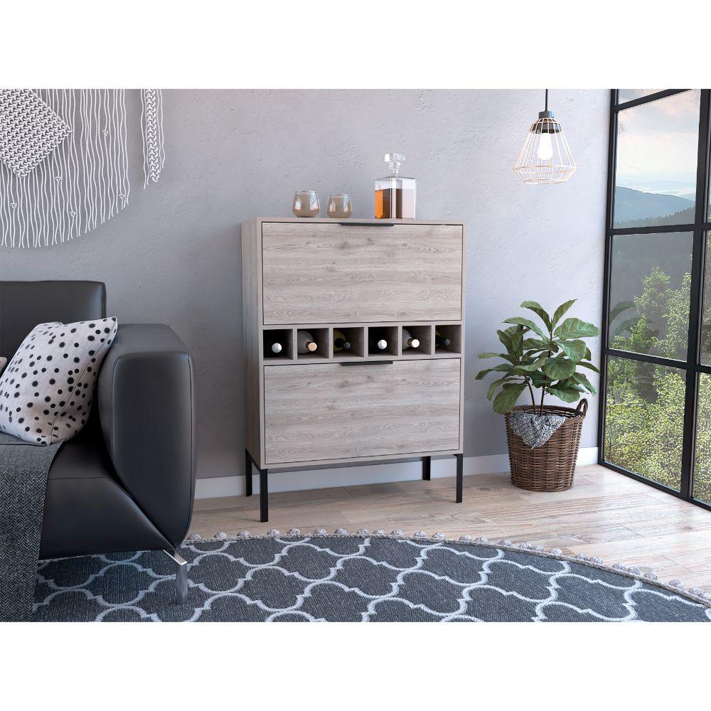 DEPOT E-SHOP Staten Bar Cabinet, Six Wine Cubbies, Two-Door Flexible Cabinets, Countertop, Four Legs-Light Grey, For Living Room. Picture 1