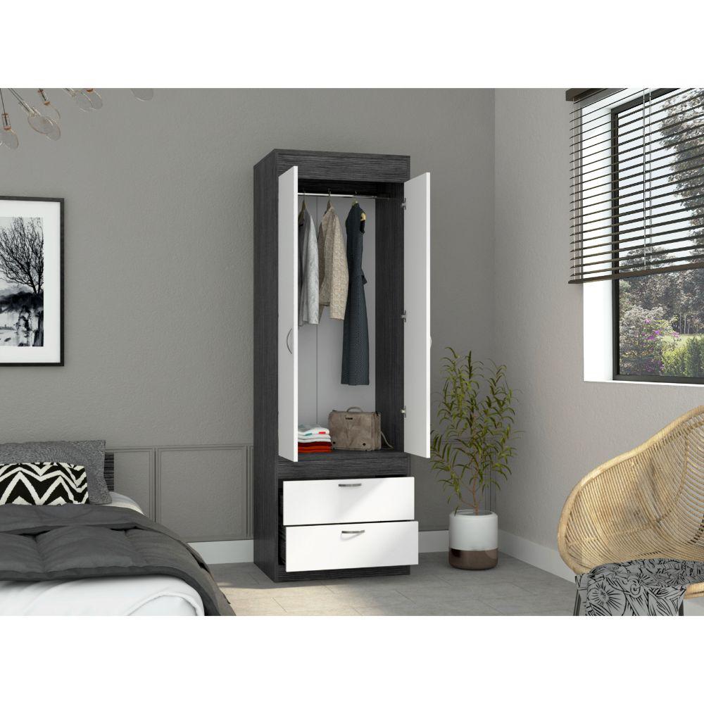 DEPOT E-SHOP Portugal Armoire, Two-Door Armoire, Two Drawers, Metal Handles, Rod, Smoky Oak/White, For Bedroom. Picture 5