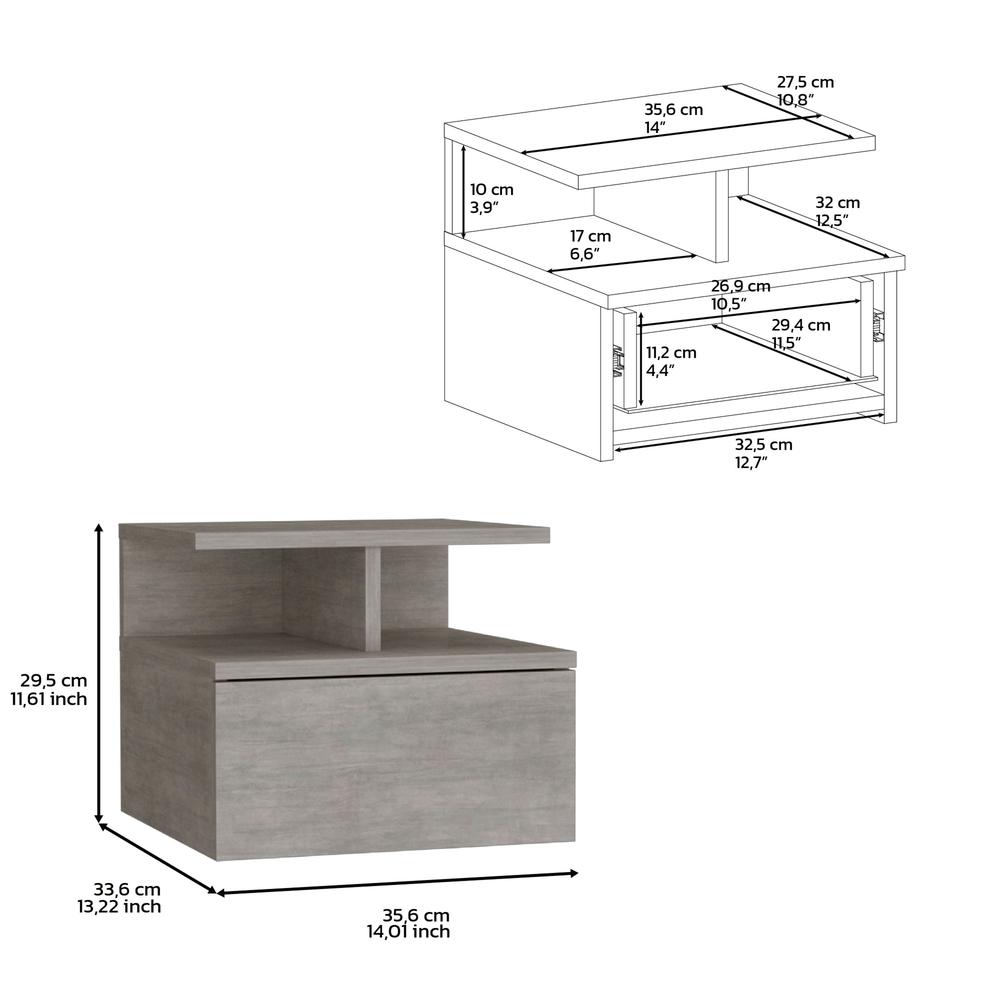 Nightstand, Wall Mounted Single Drawer and 2-Tier Shelf, Concrete Gray -Bedroom. Picture 7