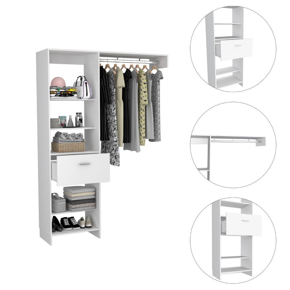 DEPOT E-SHOP Dynamic Closet System, Five Open Shelves, One Drawer, One Metal Rod-White, For Bedroom. Picture 3