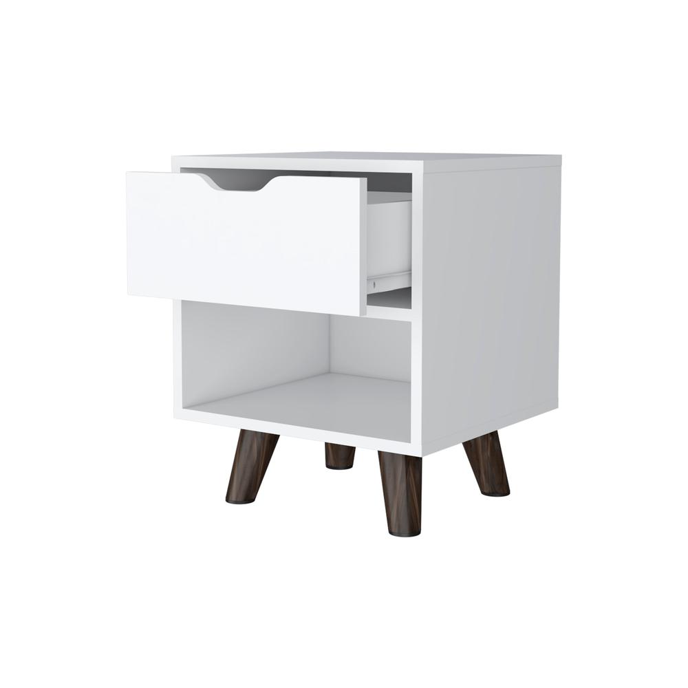 Nightstand with Spacious Drawer, Open Storage Shelf and Chic Wooden Legs, White. Picture 2