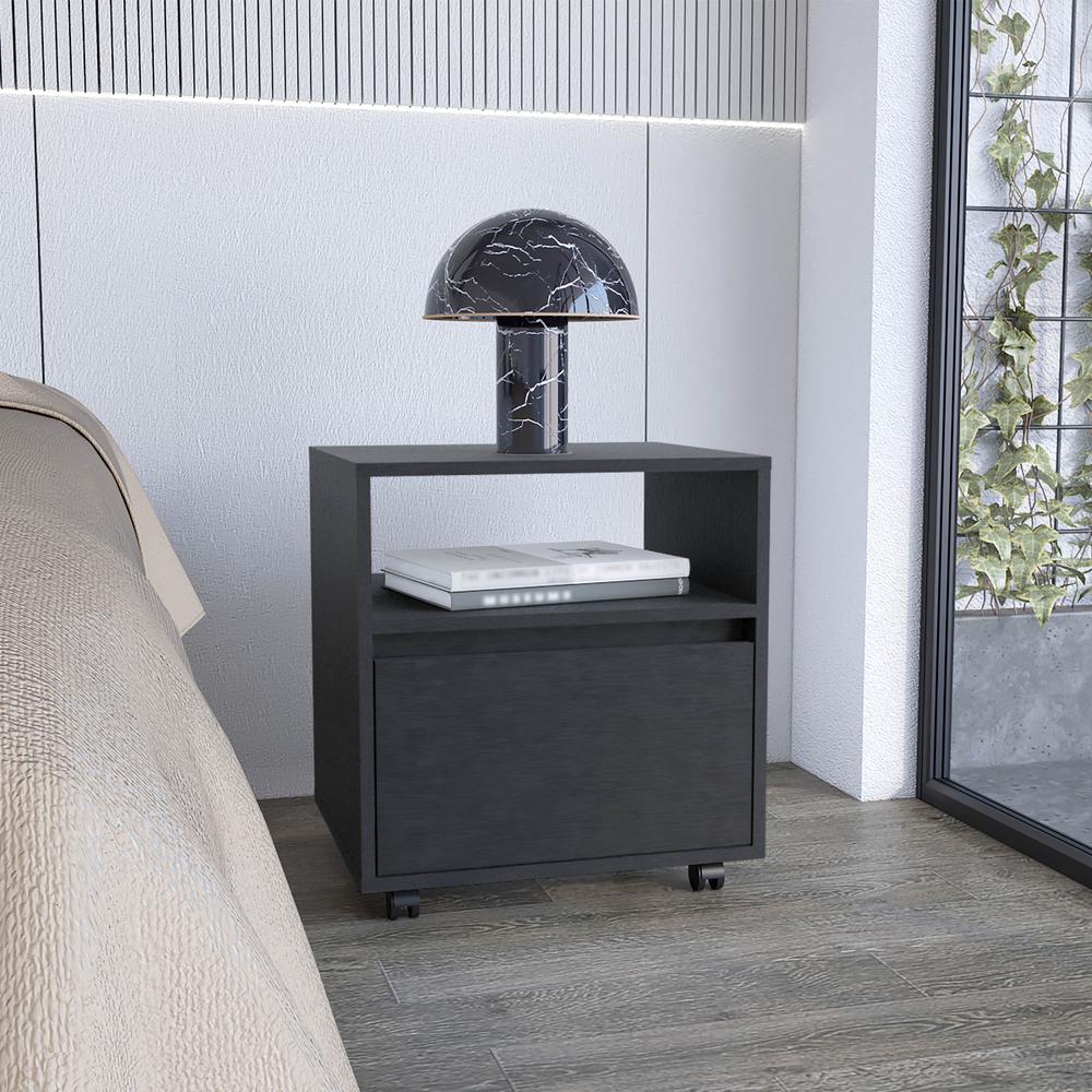 DEPOT E-SHOP Wasilla Nightstand with Open Shelf, 1 Drawer and Casters, Black. Picture 1