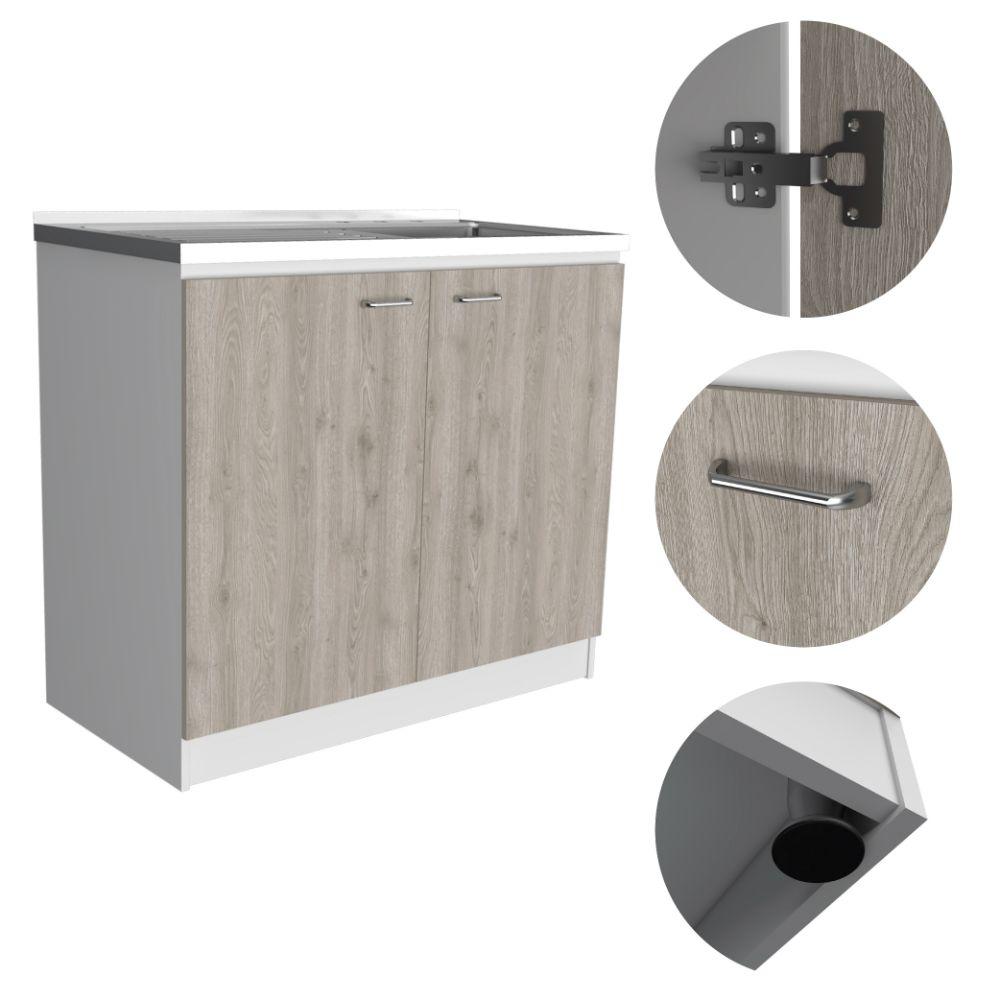 DEPOT E-SHOP Salento Freestanding Sink, Two-Door Cabinet, Countertop, Two Shelves- White/Light Grey, For Kitchen. Picture 4