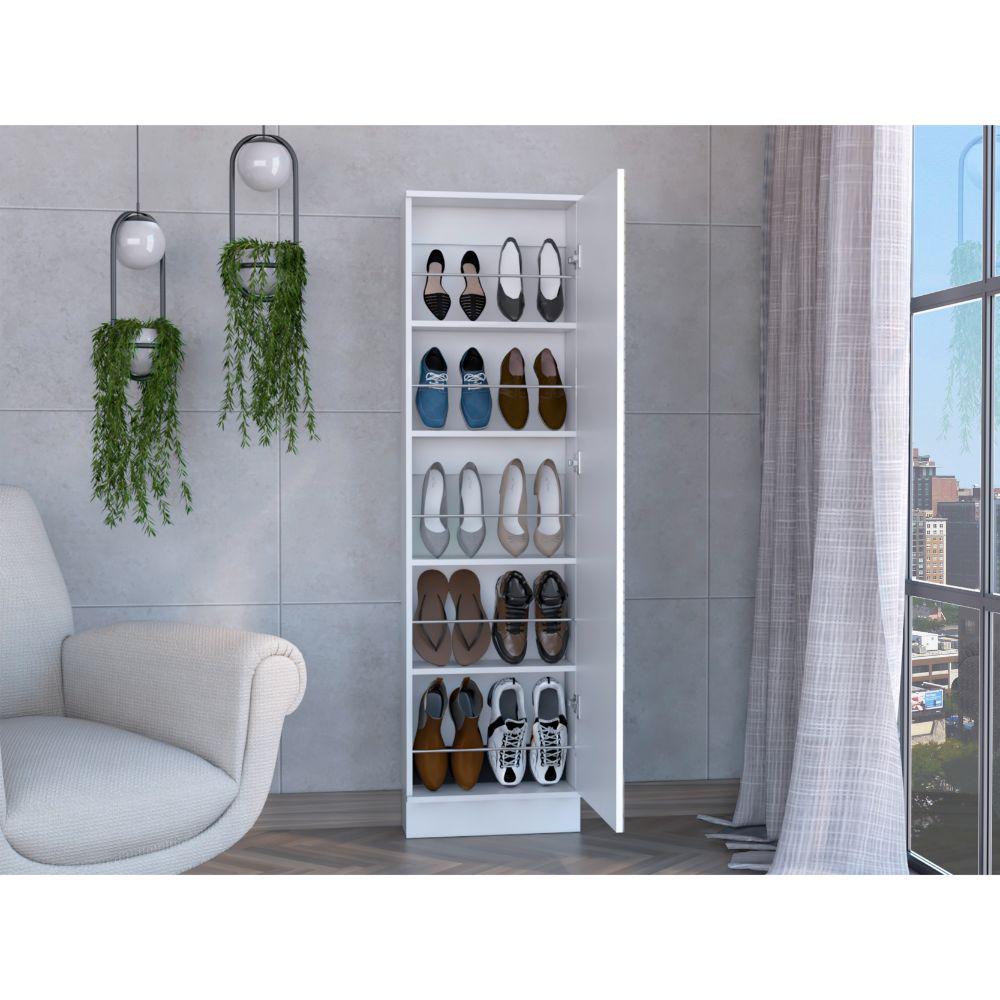 DEPOT E-SHOP Charlotte Xl Shoe Rack, Five Internal Shelves, Mirror, One-Door Cabinet-White, For Bedroom. Picture 2